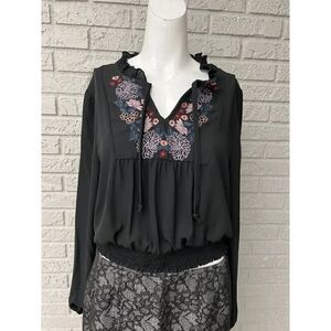 Blue Rain Women Black Floral Embroidered Long Sleeve Chiffon Blouse Size L